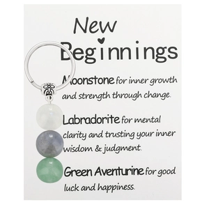 Handmade stone bead keychain with Tiger Eye and Sodalite on New Beginnings card