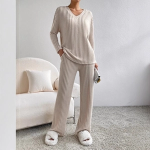 Damen Rippstrick Loungewear Top Und Bottom Lässig V-Ausschnitt Langarmshirt Weites Bein Hose Weich Polyester Herbst Freizeit Schlafanzug Set