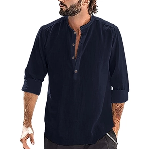 Men's relaxed fit navy linen shirt featuring a grandad collar and buttoned placket