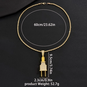 Iced out gold power plug pendant on 60cm twist chain for men hip hop street style fashion