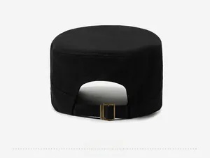Close-up of black cotton canvas flat top cap back with adjustable antique metal buckle