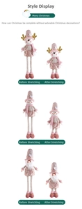 Detail of pink Christmas plush figurines showing before and after leg extension features