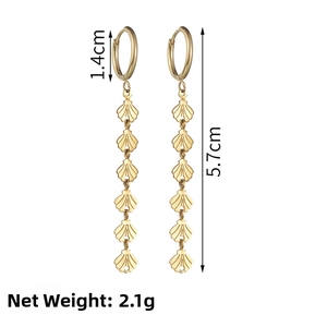 Detail view of gold tassel earrings with shell motifs showing 5.7cm length and 2.1g weight