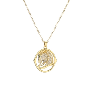 Gold plated necklace with cheetah head pendant in circular ring with colored zircons