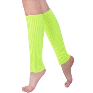 Close-up of neon green knitted leg warmers showing detailed ribbed texture and vibrant color