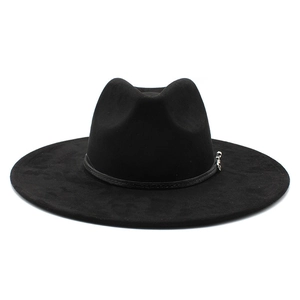 Classic black wide-brim felt fedora hat for women with decorative band and silver buckle