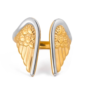 Adjustable titanium steel wing ring in gold and silver two-tone finish for women