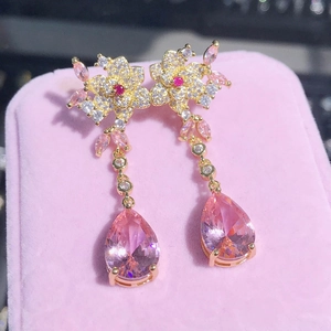 Pink teardrop crystal floral dangle earrings with rose gold plating for women