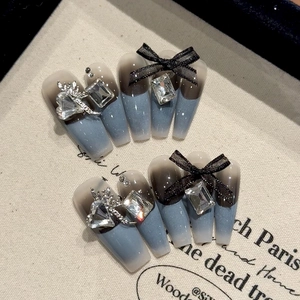 Handmade Press On Nails Long Coffin Ombre Blue Black Rhinestone Heart Crystal Mesh Bow Luxury Goth Style Women