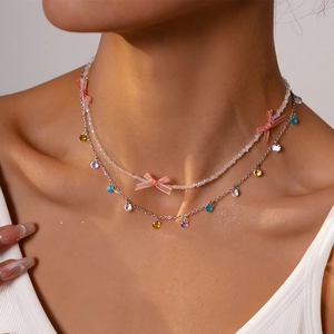 Sweet Double Layer Beaded Choker With Mesh Bows And Colorful Crystal Zircon Pendants Titanium Steel Necklace Elegant Women