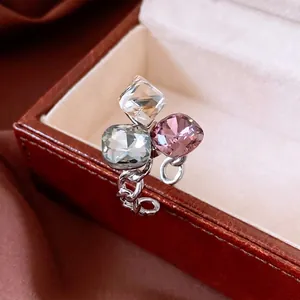 Bague En Zircon Carré Géométrique Cristal Coloré Bande De Chaîne Ouverte Ajustable Bijoux En Cuivre Pour Femmes