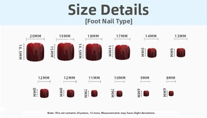 Detailed size chart showing 12 different dimensions for cherry press-on toenails