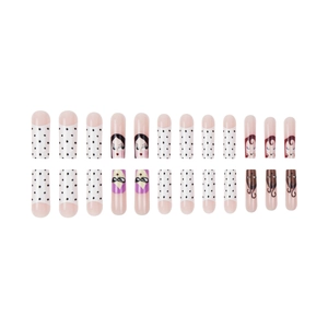 French tip press-on nails with pink white dots and minimalist female face art