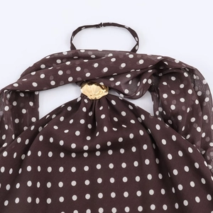 Brown polka dot halter top for women with elegant gold metal ornament detail