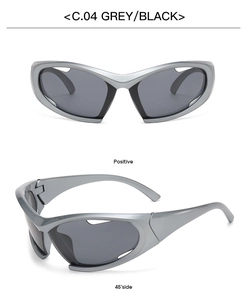 Front and 45-degree side views of sporty Y2K cycling sunglasses in grey and black