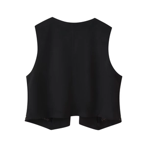 Gilet noir pour femme de style ethnique avec un design à lacets minimaliste au dos