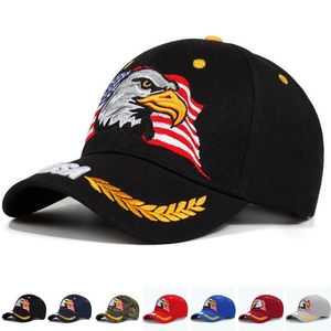 Close-up of USA eagle embroidery and gold wheat ears on a baseball cap brim