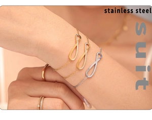Detail shot of infinity symbol stainless steel bracelet set in gold and silver finish
