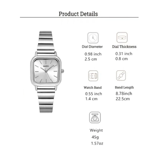 Detailed dimensions of silver square watch dial showing diameter and strap width