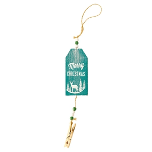 Green Merry Christmas wooden tag with beads and mini clip on white background