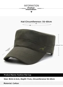 Detail view of army green cotton flat cap with dimensions and side bird embroidery