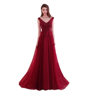 Wine Red V-Neck Sleeveless 3D Floral Appliques Beaded Tulle Formal Evening Dress Floor Length Backless Prom Gown For Women