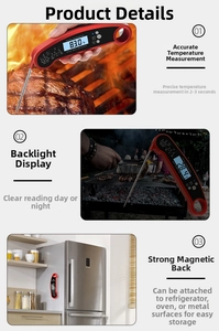 Foldable meat thermometer showing fast probe, backlit LCD, and magnetic back for grilling