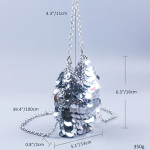 Detailed dimension guide for silver sequin evening bag showing height and width info