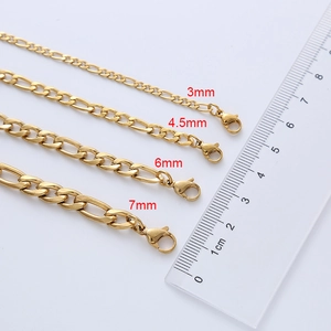 Comparison of golden Figaro chain necklace widths in 3mm, 4.5mm, 6mm, and 7mm with lobster clasp
