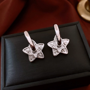 Macro shot of silver star earrings with pavé zircons and gothic cross engravings