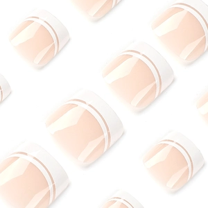 Short square white French tip press-on toenails in elegant nude pink and white lines
