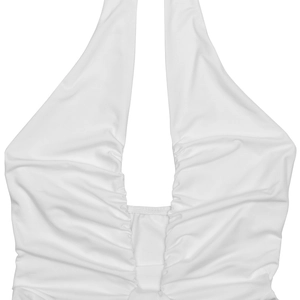 Detailed view of the pleated deep V-neckline and halter ties on a white summer dress