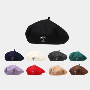 Women Vintage Wool Beret Hat With Coconut Tree Embroidery Simple British Style Painter Artist Hat Warm Winter Cap