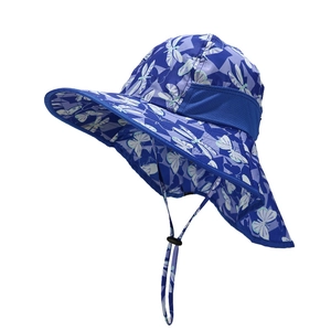 Kids wide brim sun hat with mesh panels and adjustable chin strap in dragonfly print