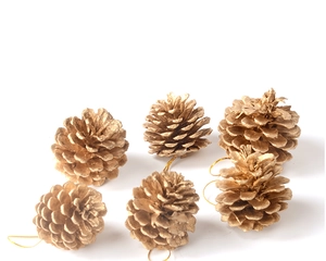 Close-up of 6 gold glitter pine cones with hanging strings for Christmas tree decoration