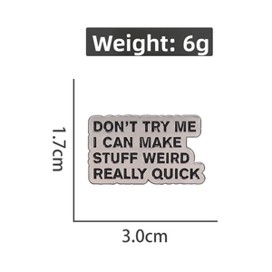 Detailed size chart of a 3cm x 1.7cm metal badge with humorous English quote engraving