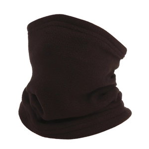Close-up of a brown fleece neck warmer with durable hemmed edges for winter