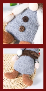 Detailed view of handmade Christmas gnome plush toy with wooden buttons and felt texture