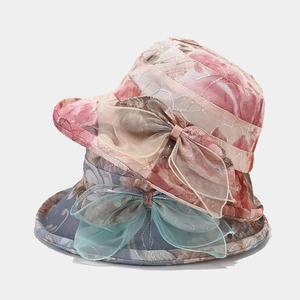 Women's summer floral bucket hats with large organza bow for sun protection