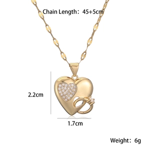 18K gold-plated copper heart pendant necklace with zircon inlay on a 45cm chain