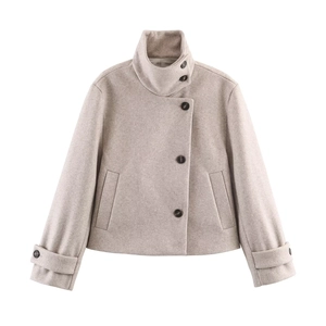 Court manteau en laine pour femme avec col montant et boutons asymétriques couleur avoine