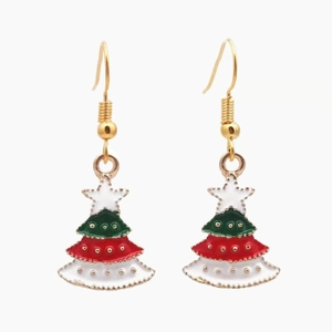 Detailed close-up of Christmas tree earrings with colorful enamel and gold hooks