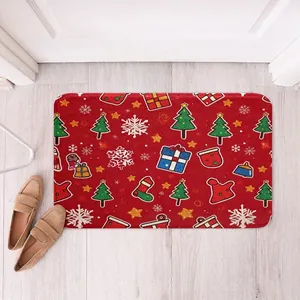 Detail of red Christmas carpet with festive prints on a light wood floor background