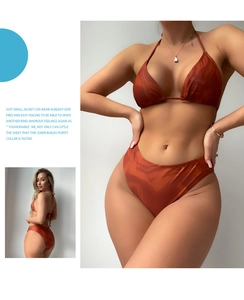 Detail of marble pattern bikini set with halter neck top and side view of swimwear