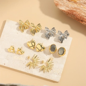 Vintage French Style Earrings Copper With Zircon Shell Artificial Pearl Hollow Bow Heart Sunburst Geometry Jewelry For Women