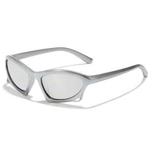 Futuristic kids sunglasses with matte silver frames and mirrored lenses on white background