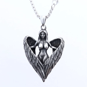 Vintage stainless steel angel wings pendant necklace with antique silver finish detail