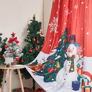 American festive red Christmas snowman curtains with trees for holiday room decor