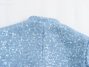 Detailed close-up of light blue sequined tweed fabric on the back collar of the jacket