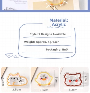 Detail view of cute cartoon acrylic clips with precise dimensions and various animal designs